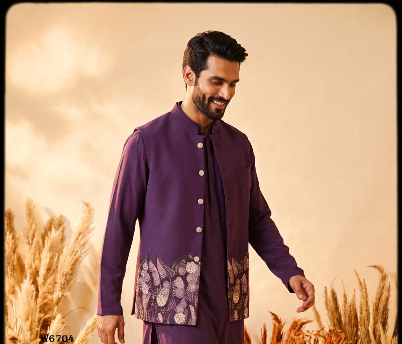 Purple Outluk Wedding Vol 67 Soft Silk Modi Jacket Kurta Pajama W6704